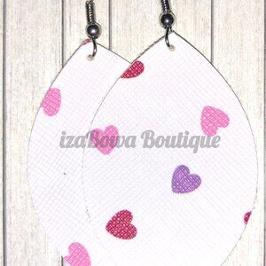 Pink, Red, Purple Hearts on White Teardrop Faux Leather Earring  ER2606  Handmad